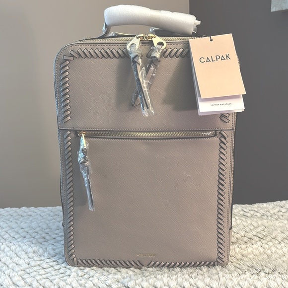 Calpak Cream Backpack/15” Laptop with Gold Zippers and Textured Finish - Picture 8 of 9